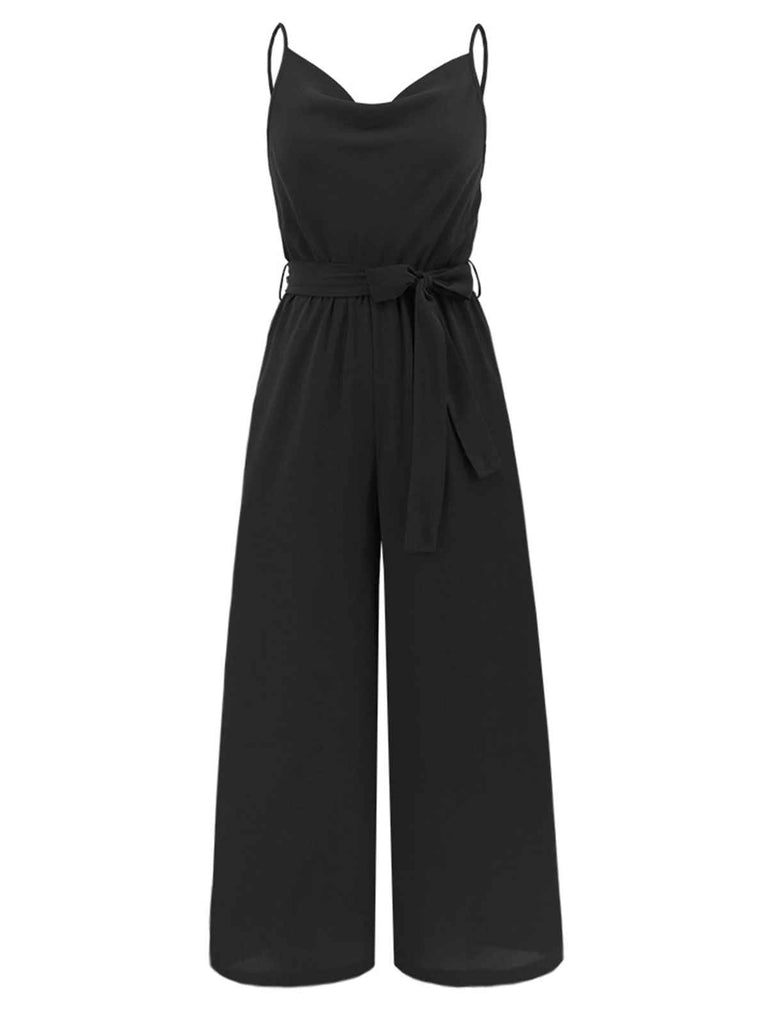 1930s Cowl Neck Spaghetti Strap Solid Belted Jumpsuit