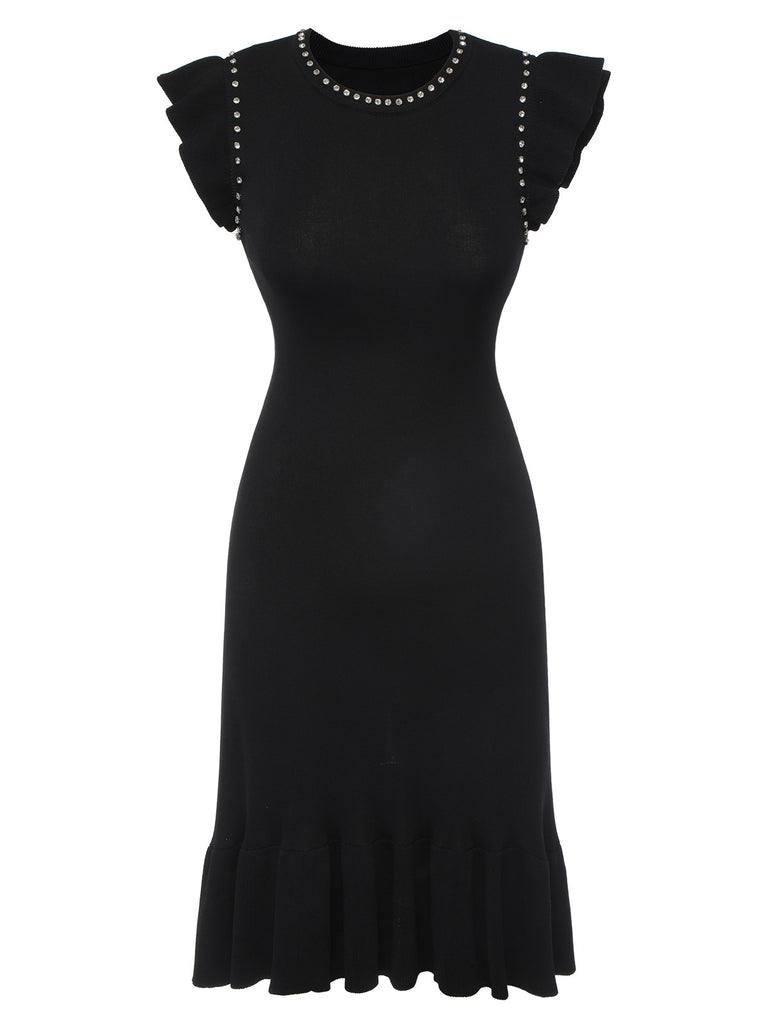 Black 1930s Ruffled Sleeves Mermaid Dress