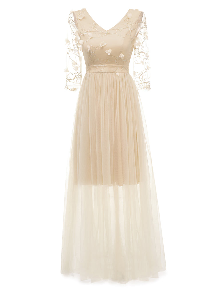 1940s Solid 3D Flowers Banquet Evening Dress