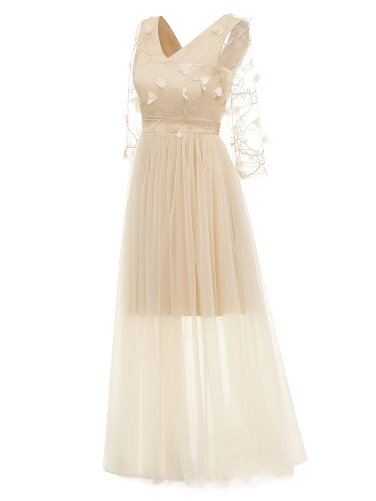 1940s Solid 3D Flowers Banquet Evening Dress