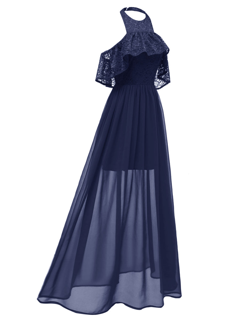 1940s Solid Lace Cold-Shoulder Long Dress