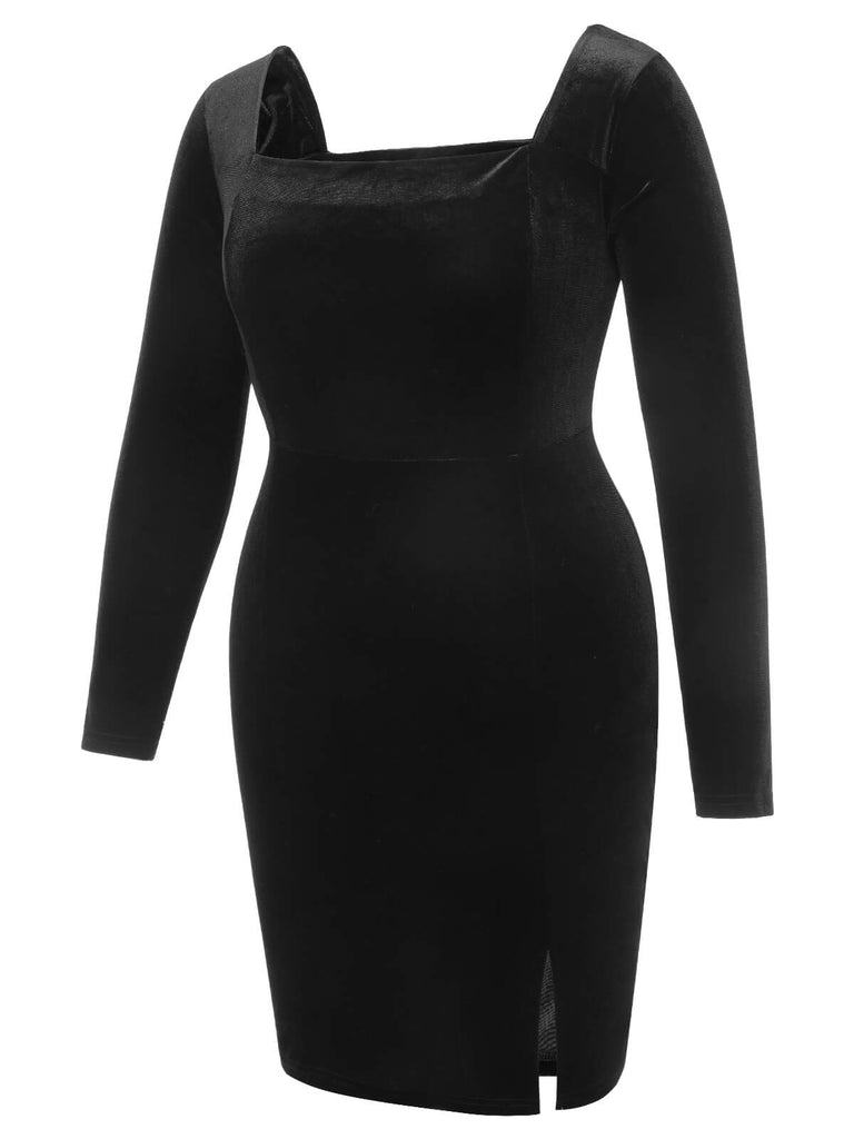 [Plus Size] Black 1940s Solid Square Neck Velvet Dress