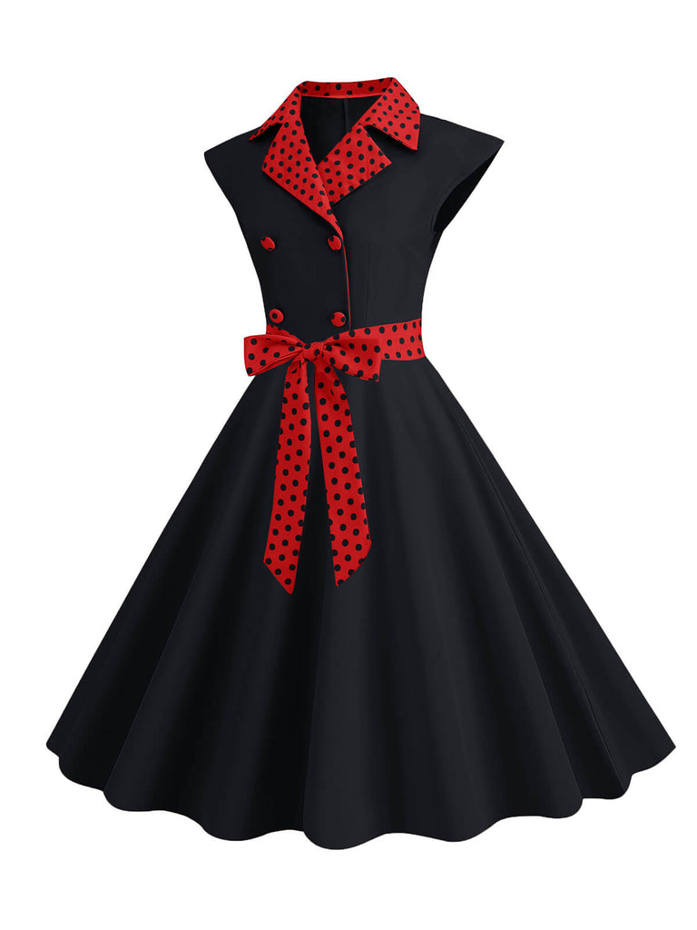 1950s Contrast Polka Dots Bowknot Belted Dress