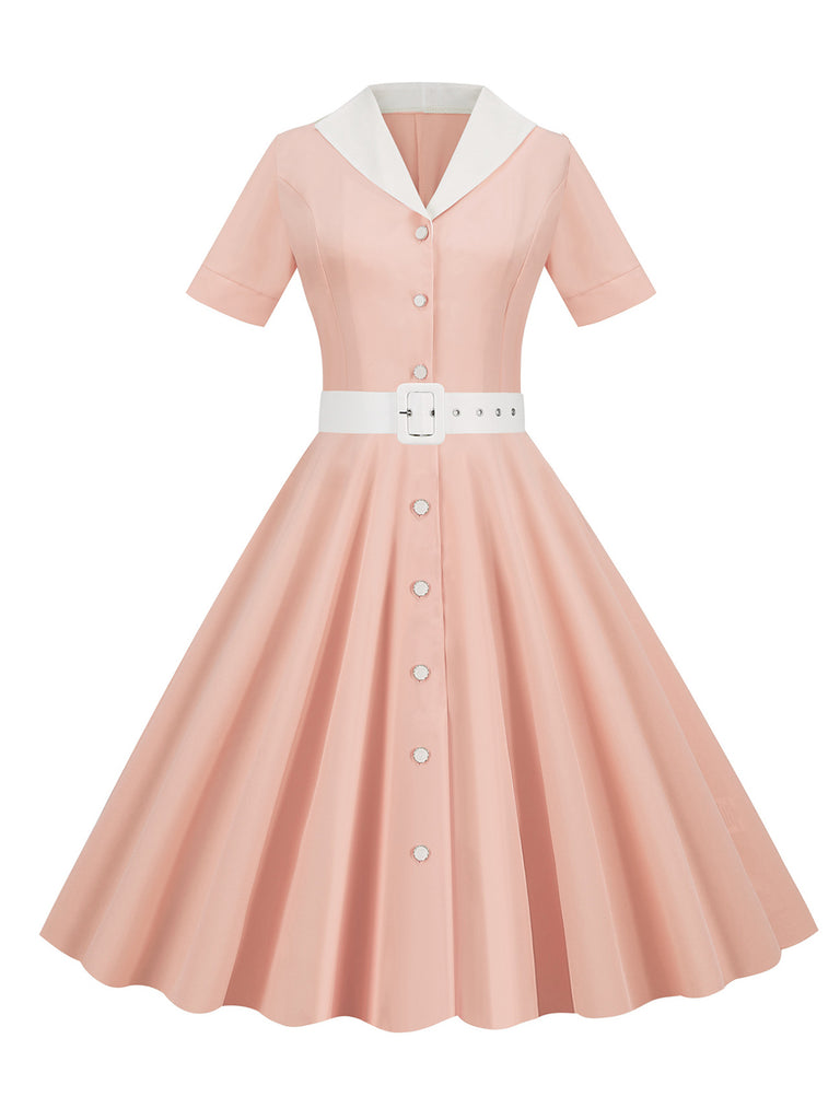 1950s Solid Contrast Lapel Belt Dress