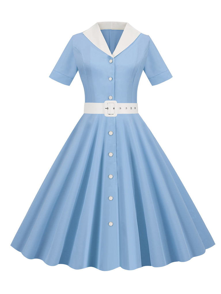 1950s Solid Contrast Lapel Belt Dress