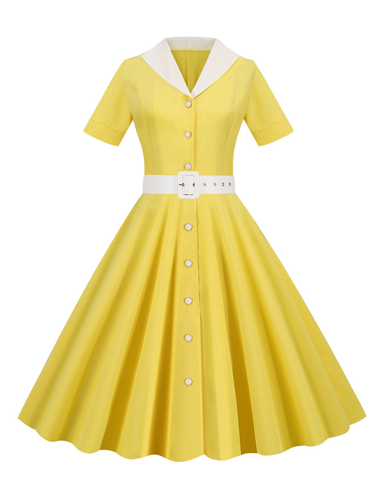 1950s Solid Contrast Lapel Belt Dress