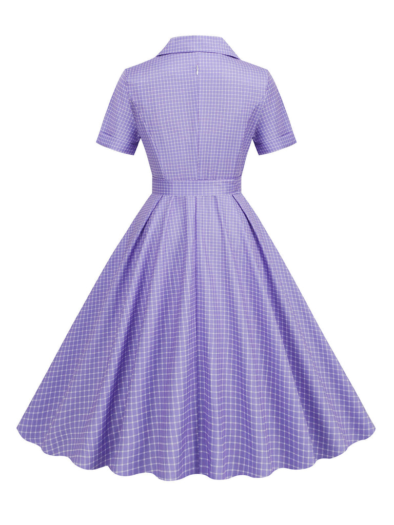 1950s Window Pane Plaid Lapel Swing Dress