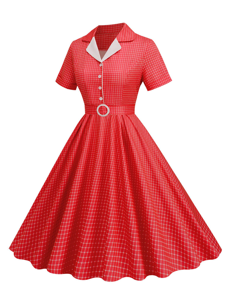 1950s Window Pane Plaid Lapel Swing Dress