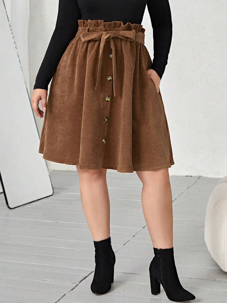 [Plus Size] Brown 1950s Corduroy Buttoned Skirt With Belt