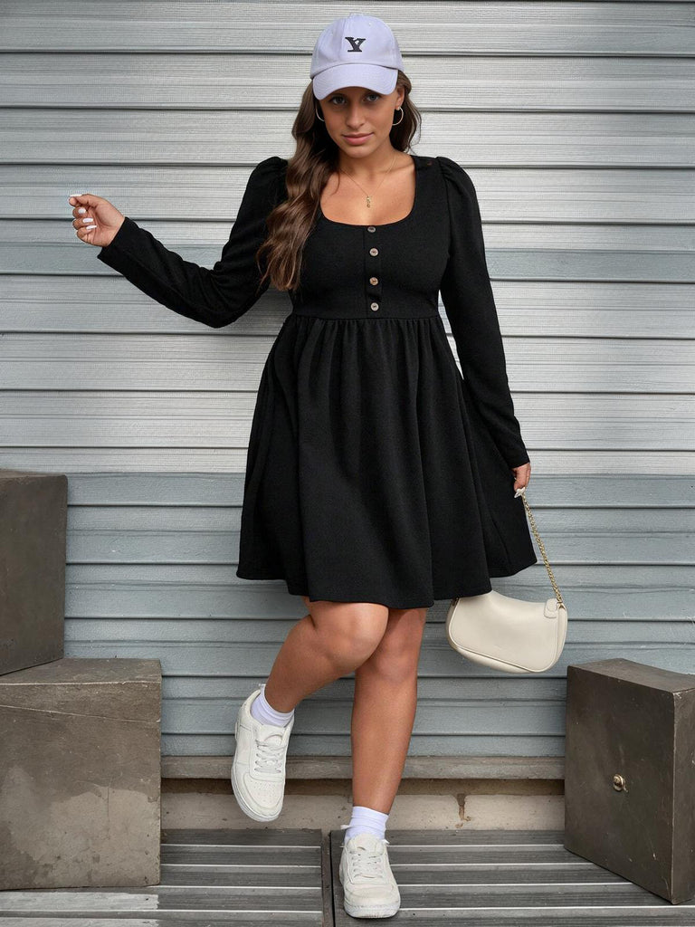 [Plus Size] Black 1950s Square Neck Solid Dress