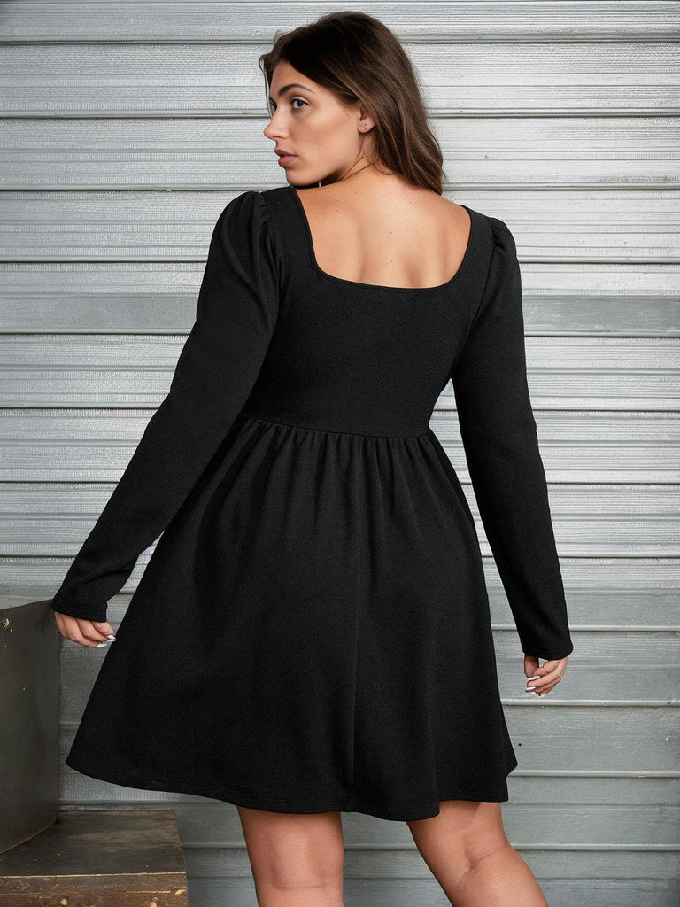 [Plus Size] Black 1950s Square Neck Solid Dress