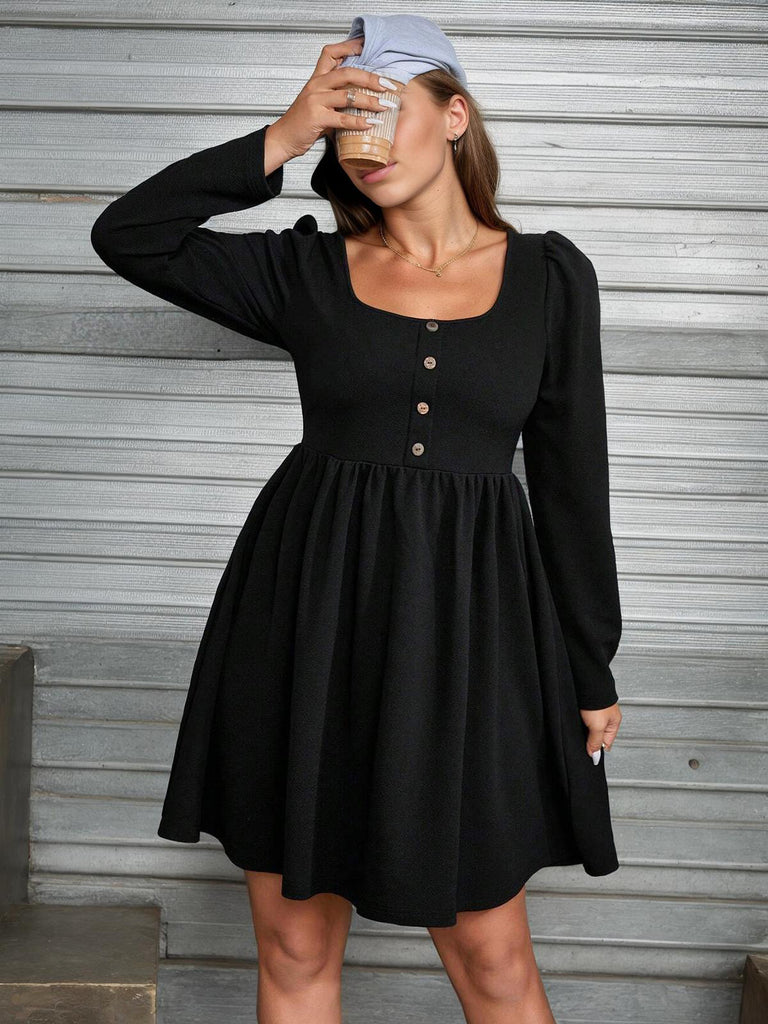 [Plus Size] Black 1950s Square Neck Solid Dress