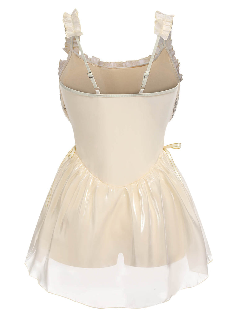 Beige 1930s Organza Ruffle One-Piece Swimsuit