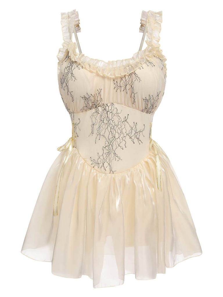 Beige 1930s Organza Ruffle One-Piece Swimsuit