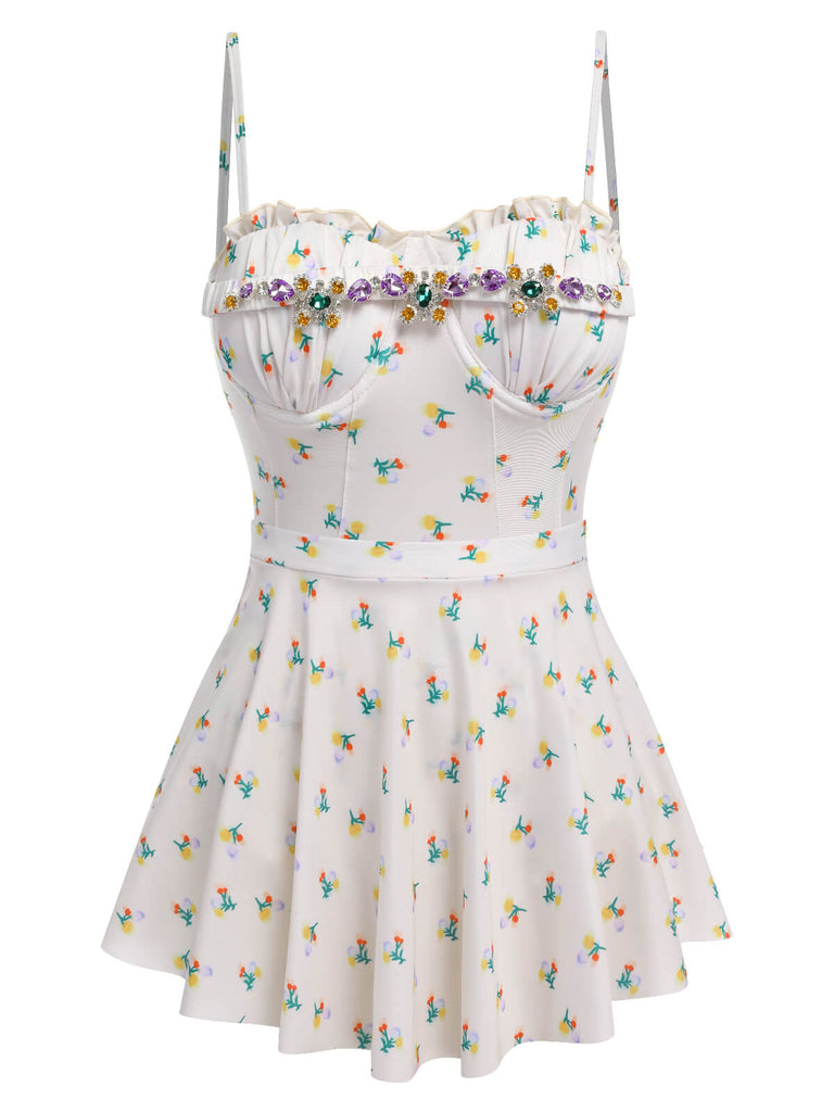 2PCS Beige 1950s Floral One-Piece Swimsuit & Skirt