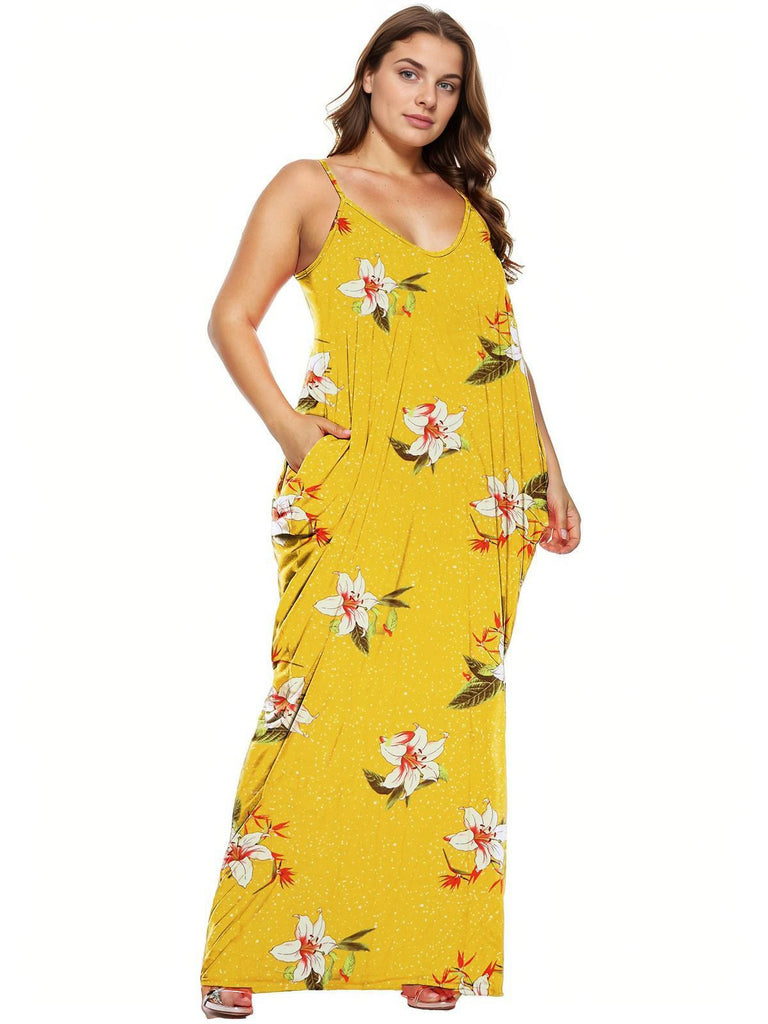 [Plus Size] 1960s Spaghetti Strap Floral Tulip Dress