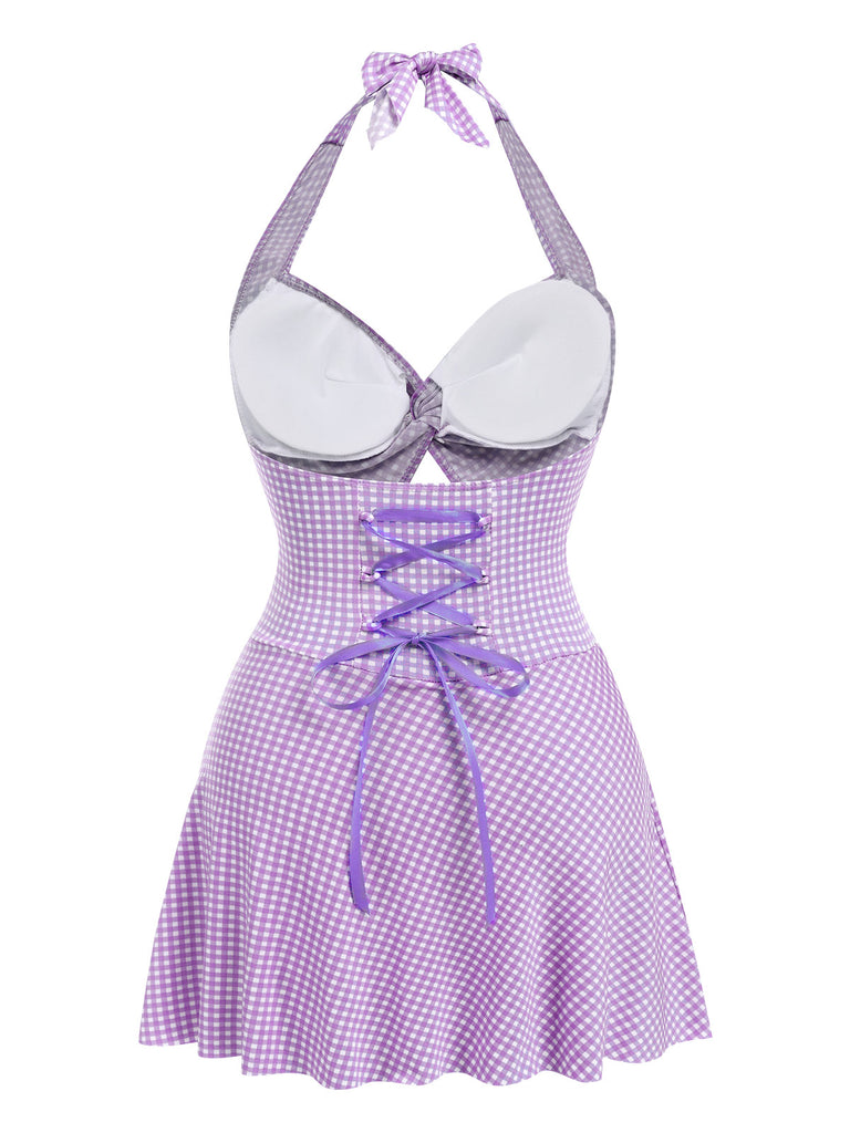 [Pre-Sale] Purple 1930s Plaid Halter One-Piece Swimsuit