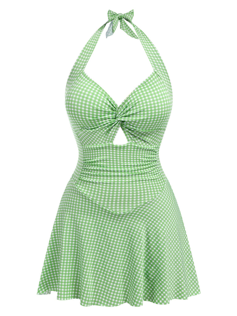 [Pre-Sale] Light Green 1930s Plaid Halter One-Piece Swimsuit