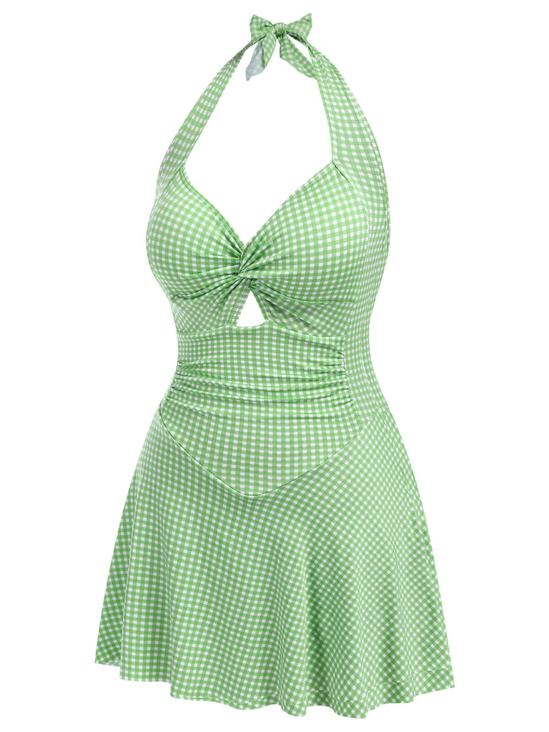 [Pre-Sale] Light Green 1930s Plaid Halter One-Piece Swimsuit