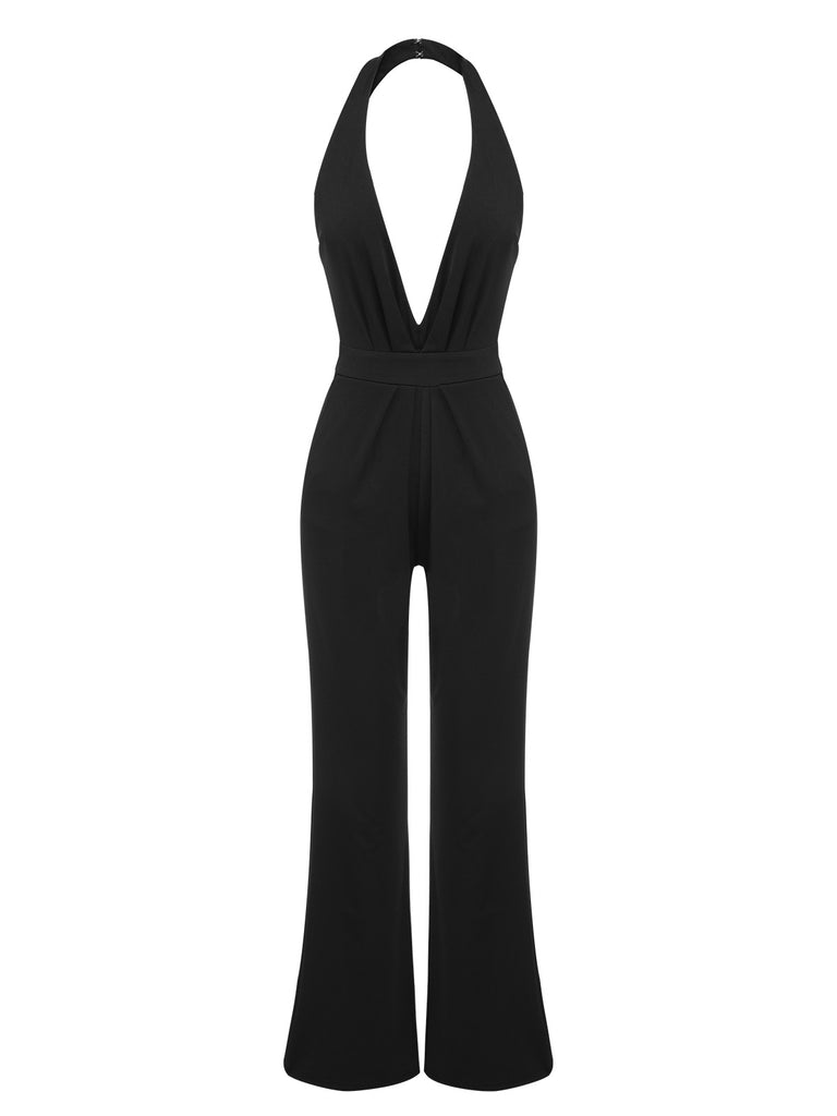 Black 1930s Halter Deep V-Neck Jumpsuit