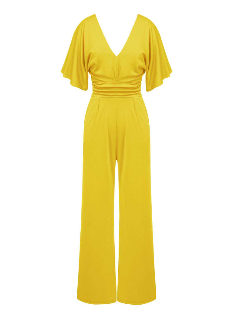 1930s V-Neck Knitted Solid Jumpsuit