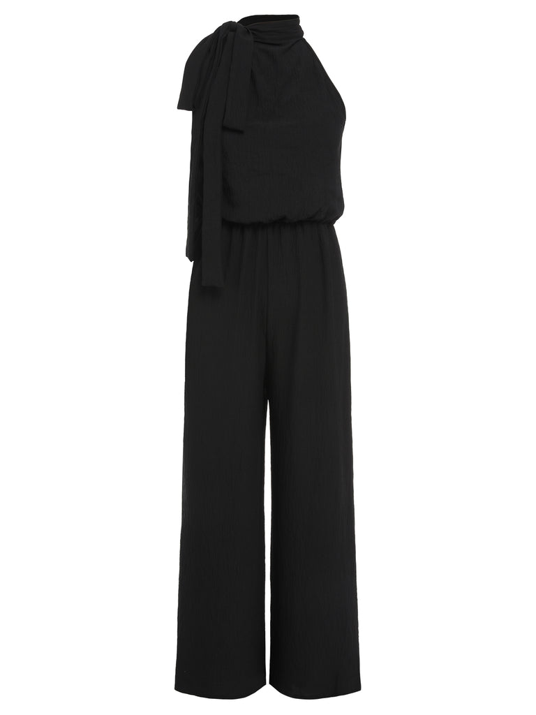 [Pre-Sale] Black 1930s Solid Stand Collar Tie-Up Jumpsuit
