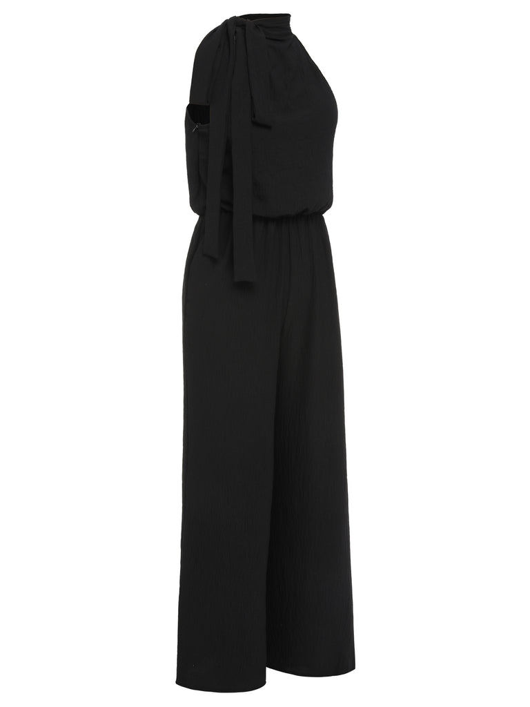 [Pre-Sale] Black 1930s Solid Stand Collar Tie-Up Jumpsuit