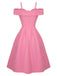 Pink 1950s Cold Shoulder Solid Dress