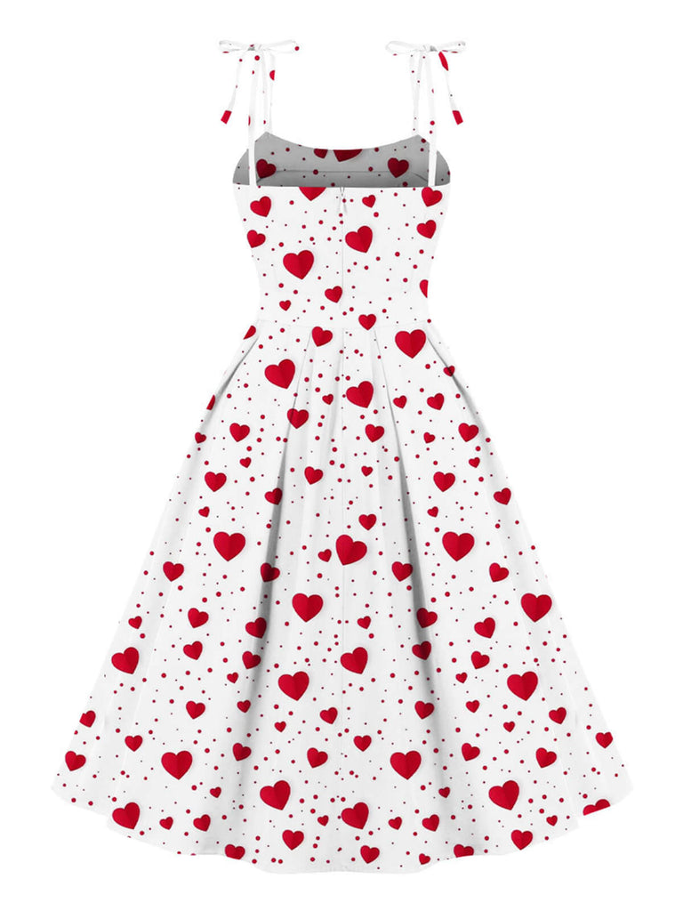 [Plus Size] White 1950s Hearts Dots Shoulder Strap Dress