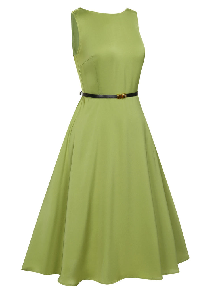 Green 1950s Boat Neck Sleeveless Belt Dress