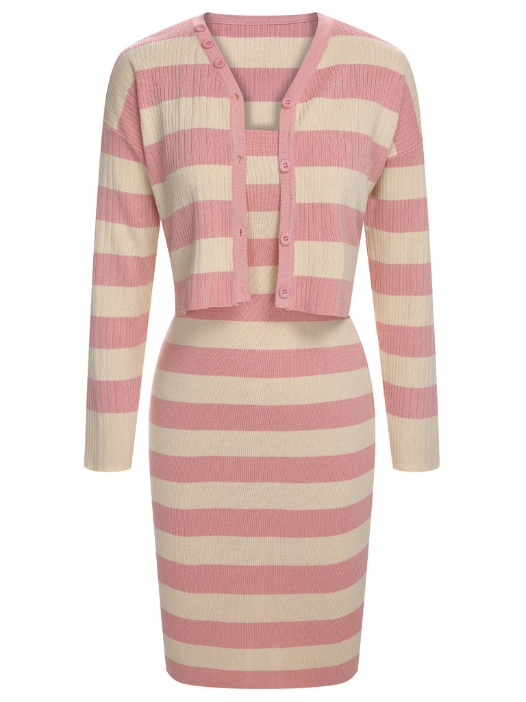 1960s Contrast Striped Knitted Jacket & Dress Suit