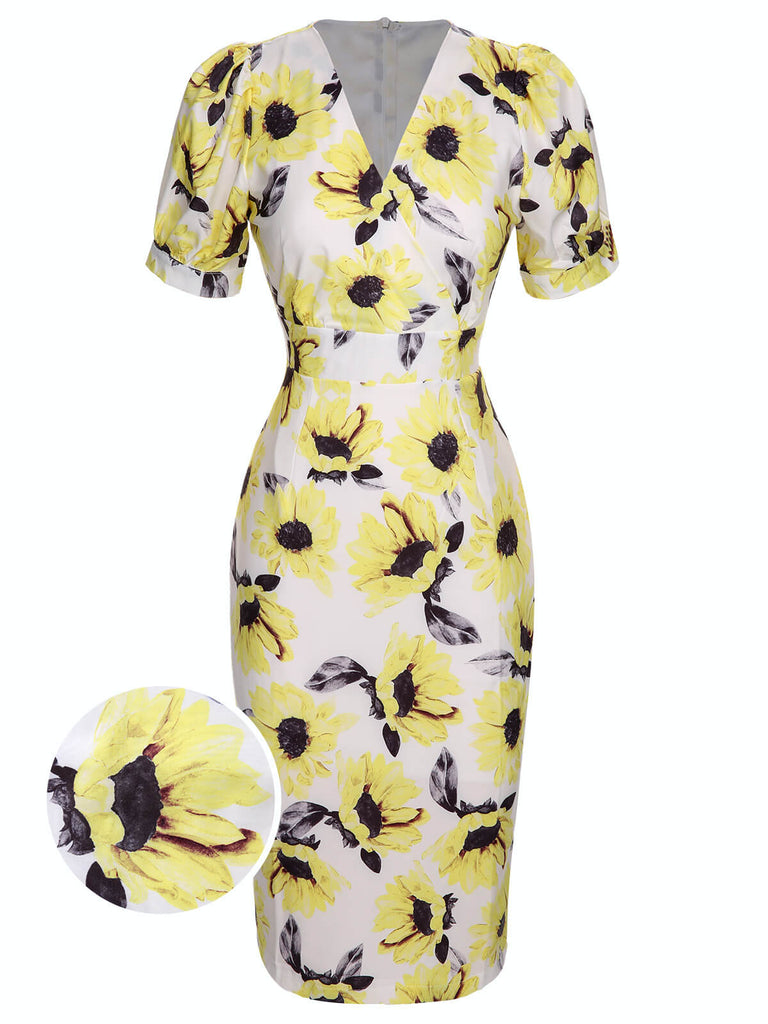 Multicolor 1960s Floral Sunflower V-Ausschnitt Dress