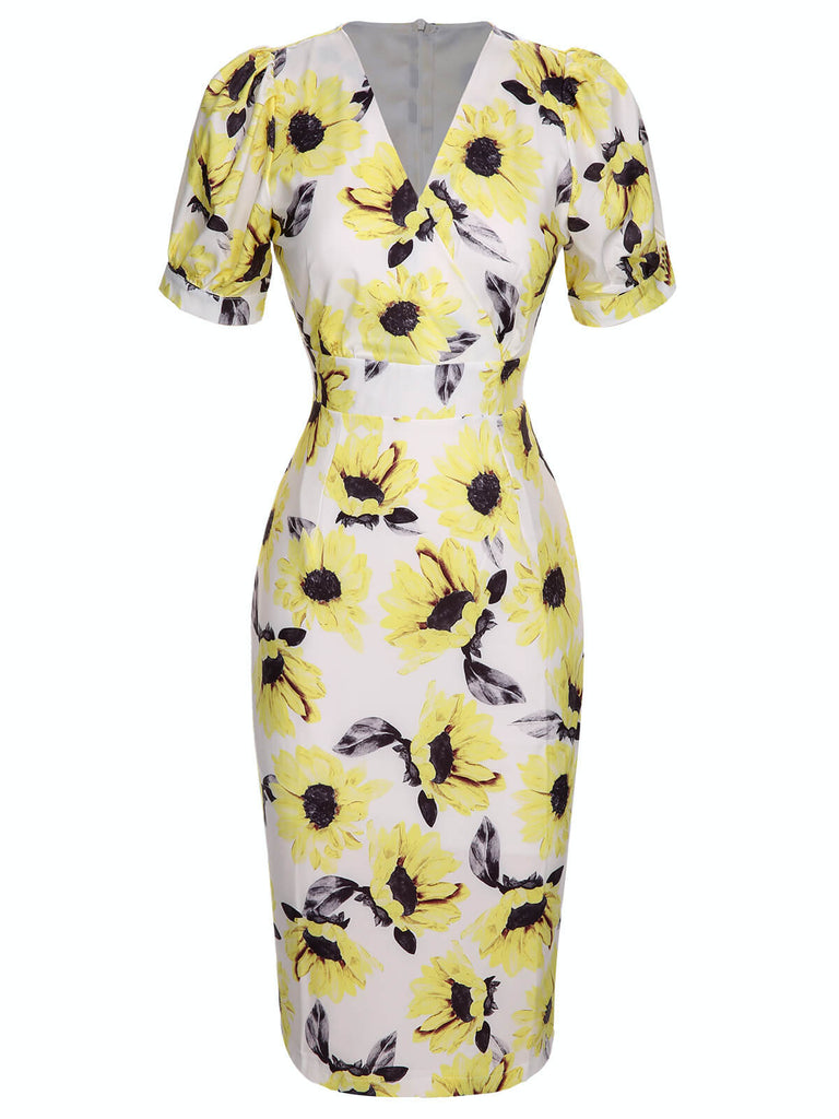 Multicolor 1960s Floral Sunflower V-Ausschnitt Dress