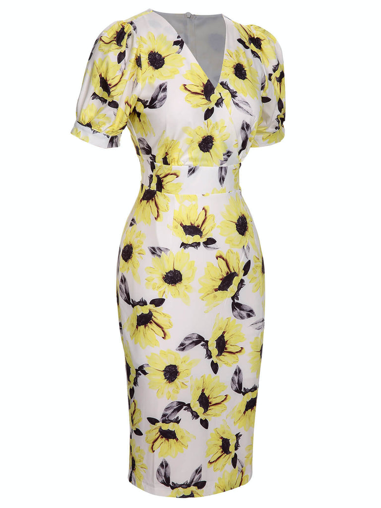 Multicolor 1960s Floral Sunflower V-Ausschnitt Dress