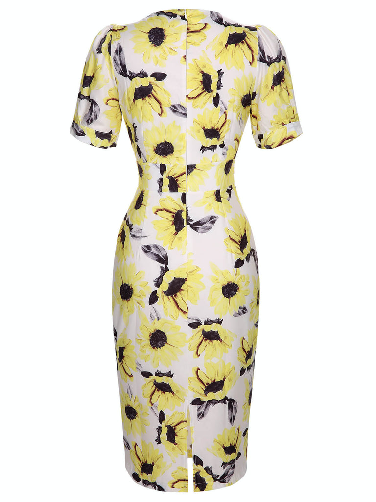 Multicolor 1960s Floral Sunflower V-Ausschnitt Dress