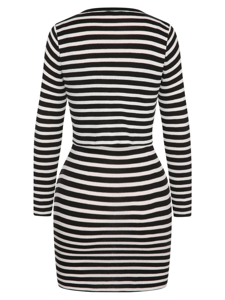 2PCS 1960s Black White Striped Knit Strap Dress & Cardigan