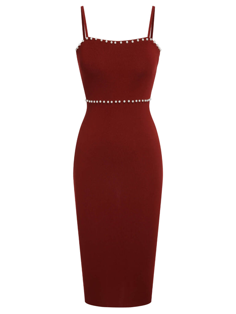 Red 1960s Solid Pearl Knitted Sling Dress