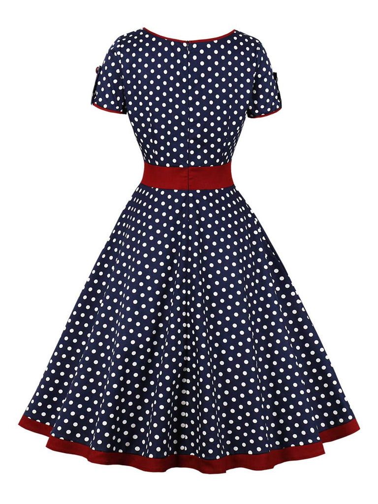 1950s Contrast Polka Dots Buttoned Dress