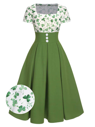 Green 1950s Lucky Clover Buttoned Dress