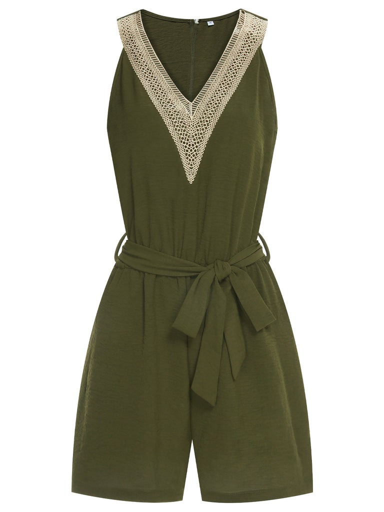 Army Green 1950s Lace V-Neck Patchwork Romper