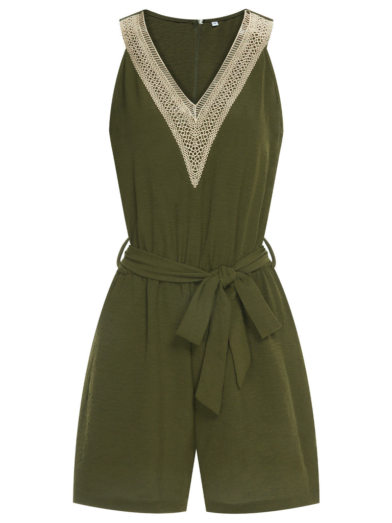 ‍Army Green 1950s Lace V-Neck Patchwork Romper (75% off)
