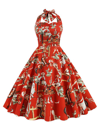1950s Retro Pictorial Halter Swing Dress
