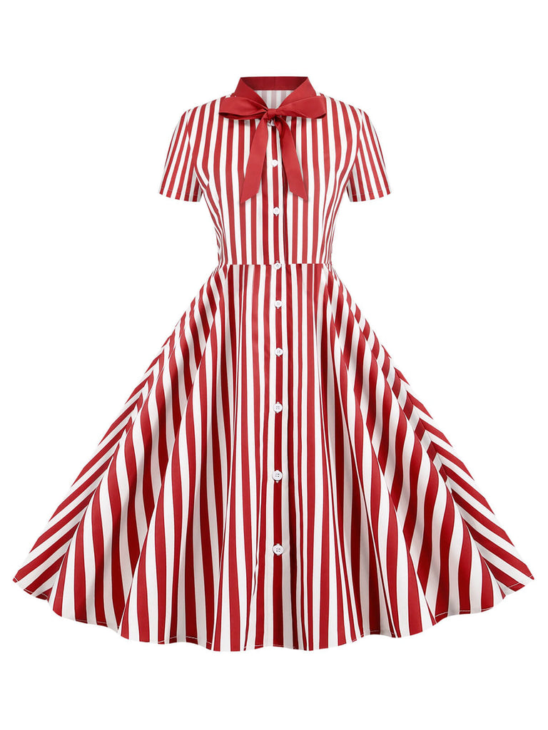 1950s Bow Collar Striped Dots Swing Dress