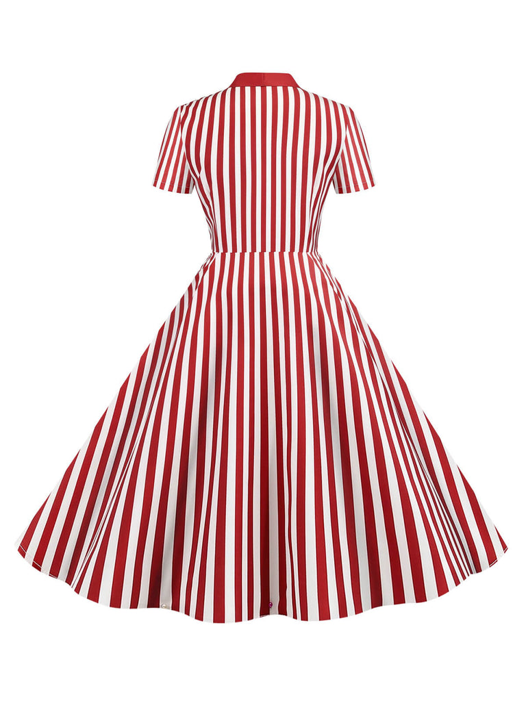 1950s Bow Collar Striped Dots Swing Dress