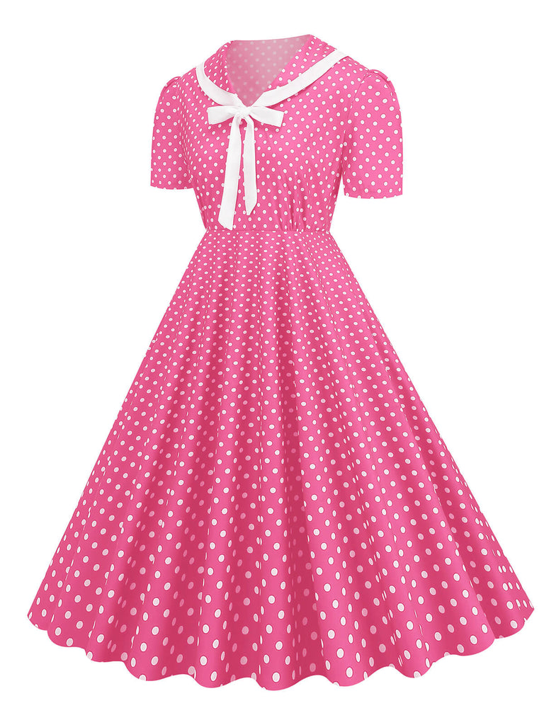 1950s Polka Dots Lapel Bowknot Swing Dress