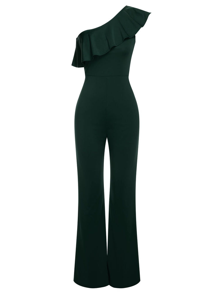 1950s Solid One Shoulder Ruffled Jumpsuit