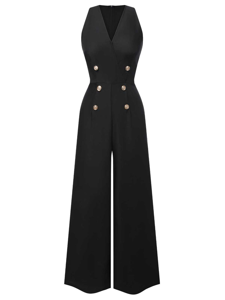 Black 1950s Sleeveless Buttoned Solid Jumpsuit