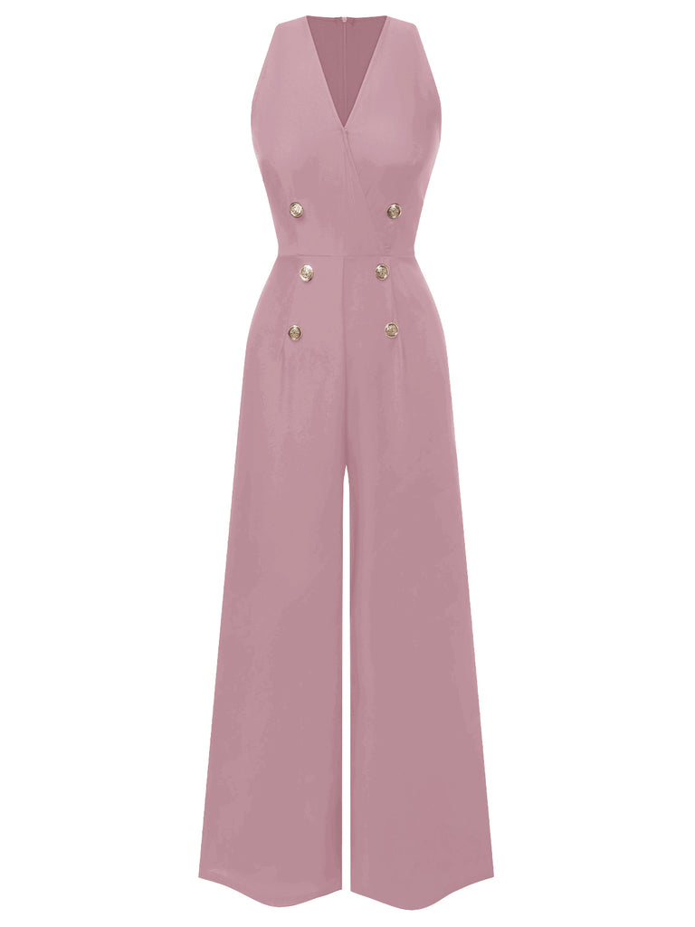 Pink 1950s Sleeveless Buttoned Solid Jumpsuit