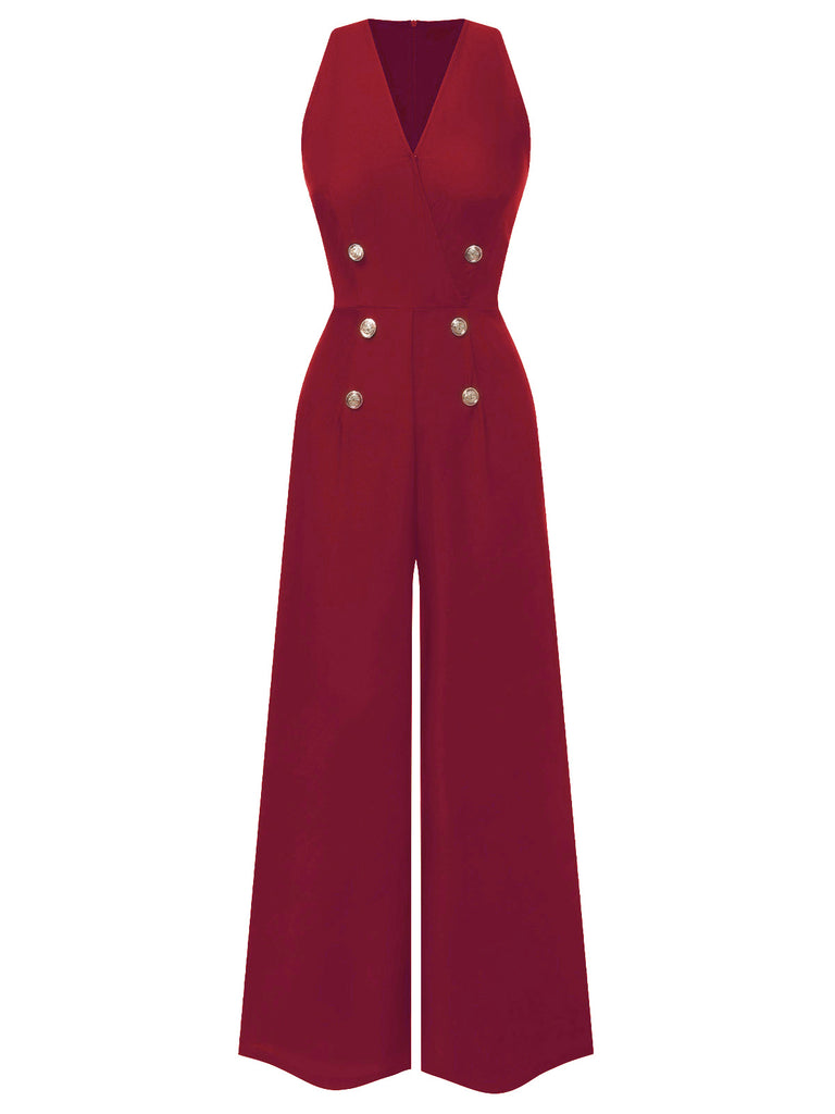 [Pre-Sale] Red 1950s Sleeveless Buttoned Solid Jumpsuit