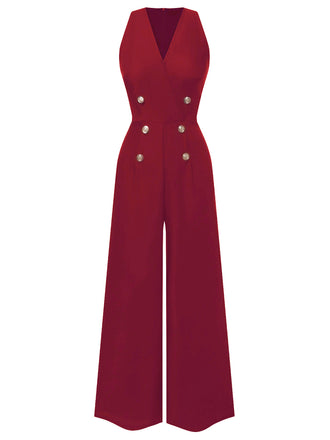 Red 1950s Sleeveless Buttoned Solid Jumpsuit